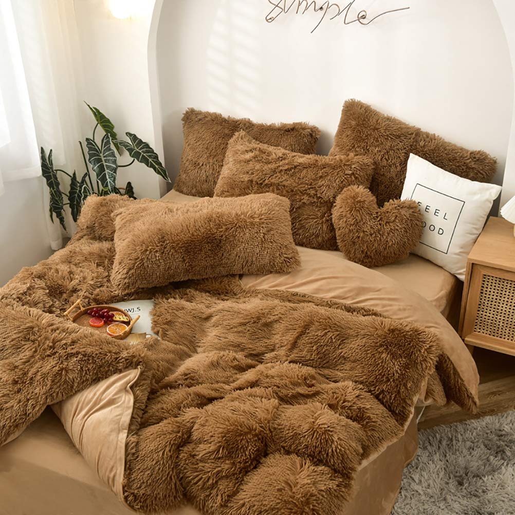 Luxury Plush Velvet Duvet Cover 4-Piece Set - Ultra Soft Mink Cashmere Bedding Comforter Cover with Pillowcases | Winter Warm Shaggy Bedspread in Brown | King/Queen Size | Perfect for Cozy Bedrooms & Guest Rooms