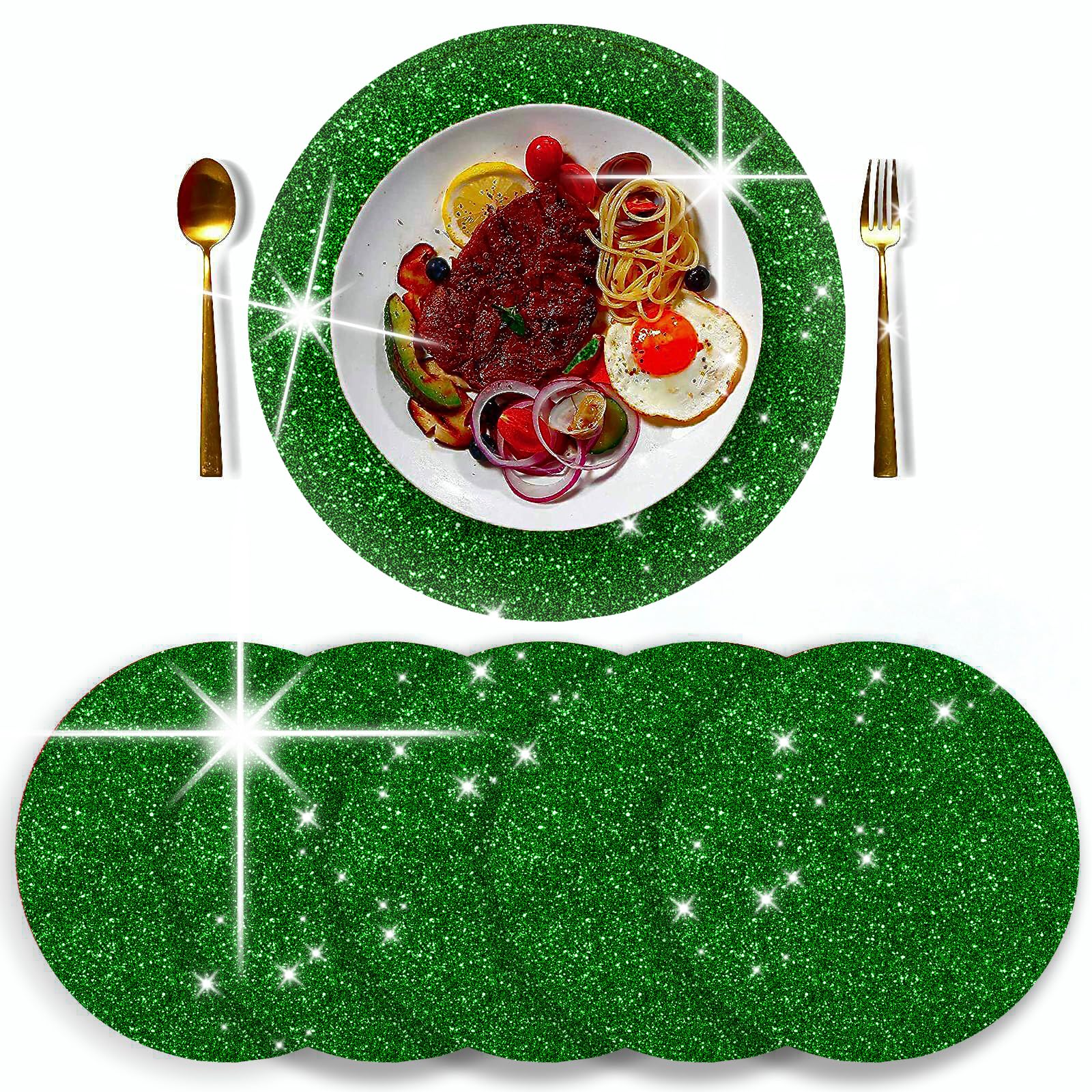 **Glitter Sparkle Round Placemats Set of 4 - 15.4 Inch Green Placemats for Kitchen Table, Kids, Christmas & Wedding Party Decor | Durable & Stylish Dining Mats**    *(Use: Perfect for festive dinners, holiday gatherings, kids' parties, and elegant wedding table settings!)*