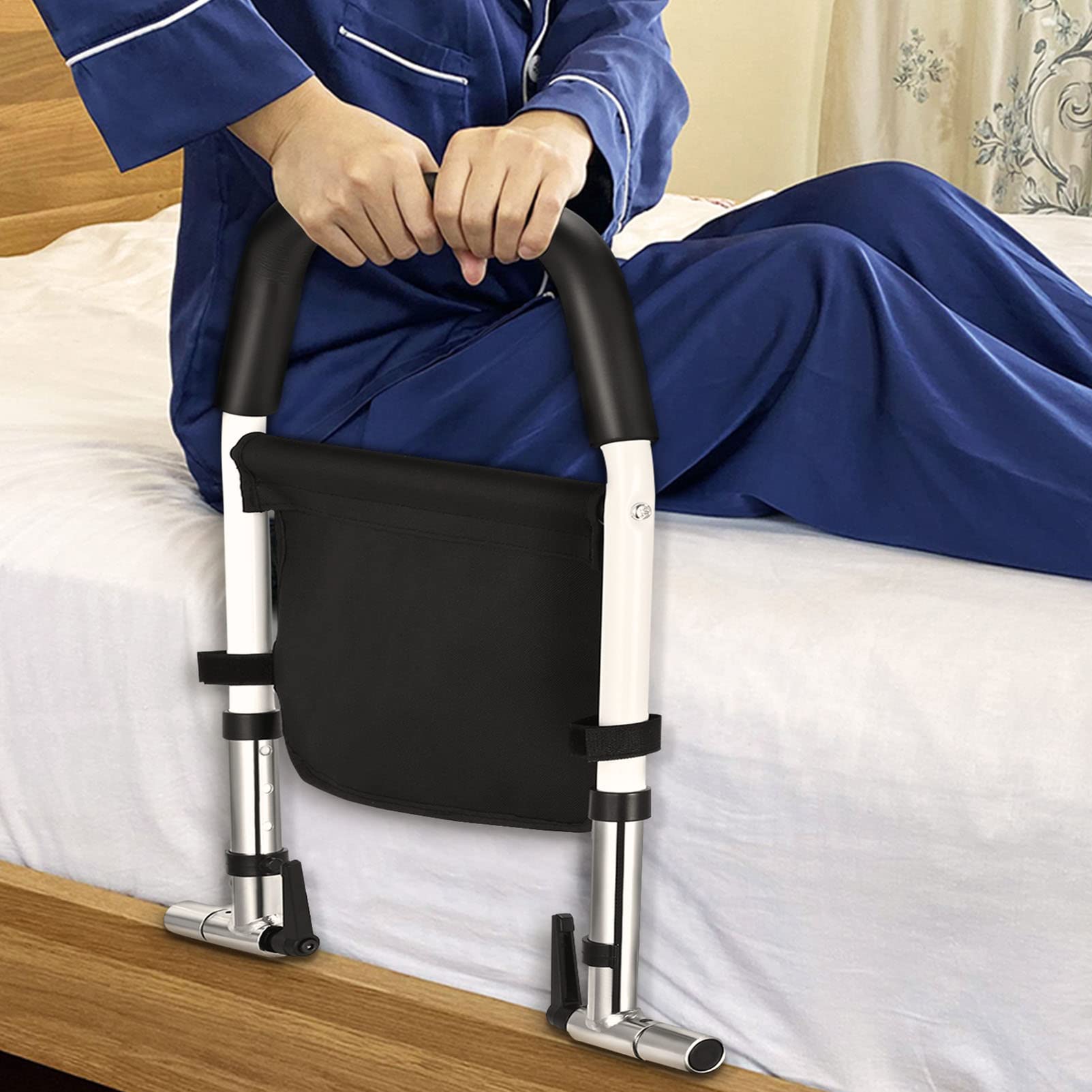Elderly Bedside Guardrail - Adjustable Bed Safety Rail for Seniors & Adults with Storage Pocket - Bed Assist Grab Bar Handle for Fall Prevention - Perfect for Home Care, Hospitals & Assisted Living Facilities