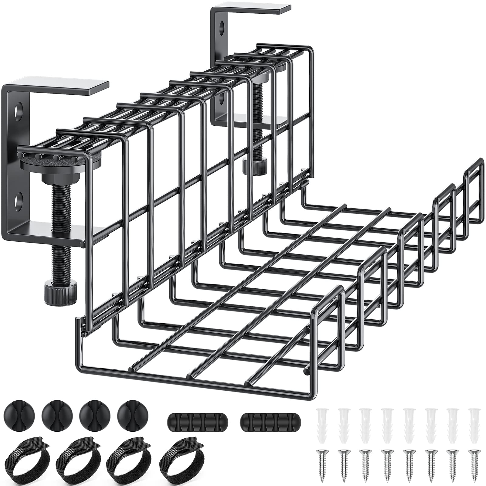 No Drill Under Desk Cable Management Tray - Yecaye 2 Pack Metal Cord Organizer with Clamp for Office/Home Standing Desk - Heavy Duty Wire Rack for Computer, Monitor & Power Strips - Perfect for Neat Workspace & Gaming Setup