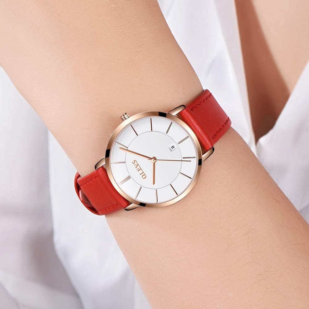 OLEVS Women's Waterproof Analog Quartz Watch - Ultra Thin Red Leather Strap with Date Calendar - Elegant Wristwatch for Everyday Wear, Office & Special Occasions - Perfect Gift for Women