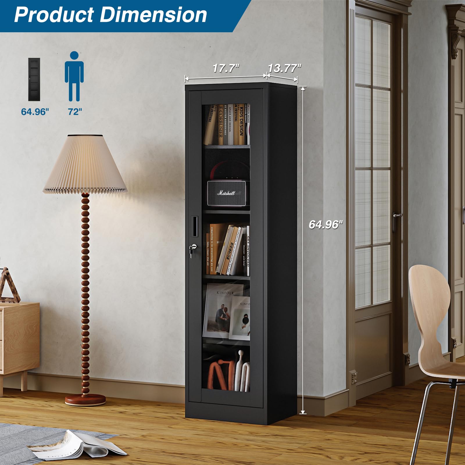 Glass Door Display Cabinet with 4 Adjustable Shelves - Locking Curio Cabinet for Home, Office, Clinic & Pantry - Easy Assembly Required (Black, One Door-A) - Perfect for Showcasing Collectibles, China & Home Decor