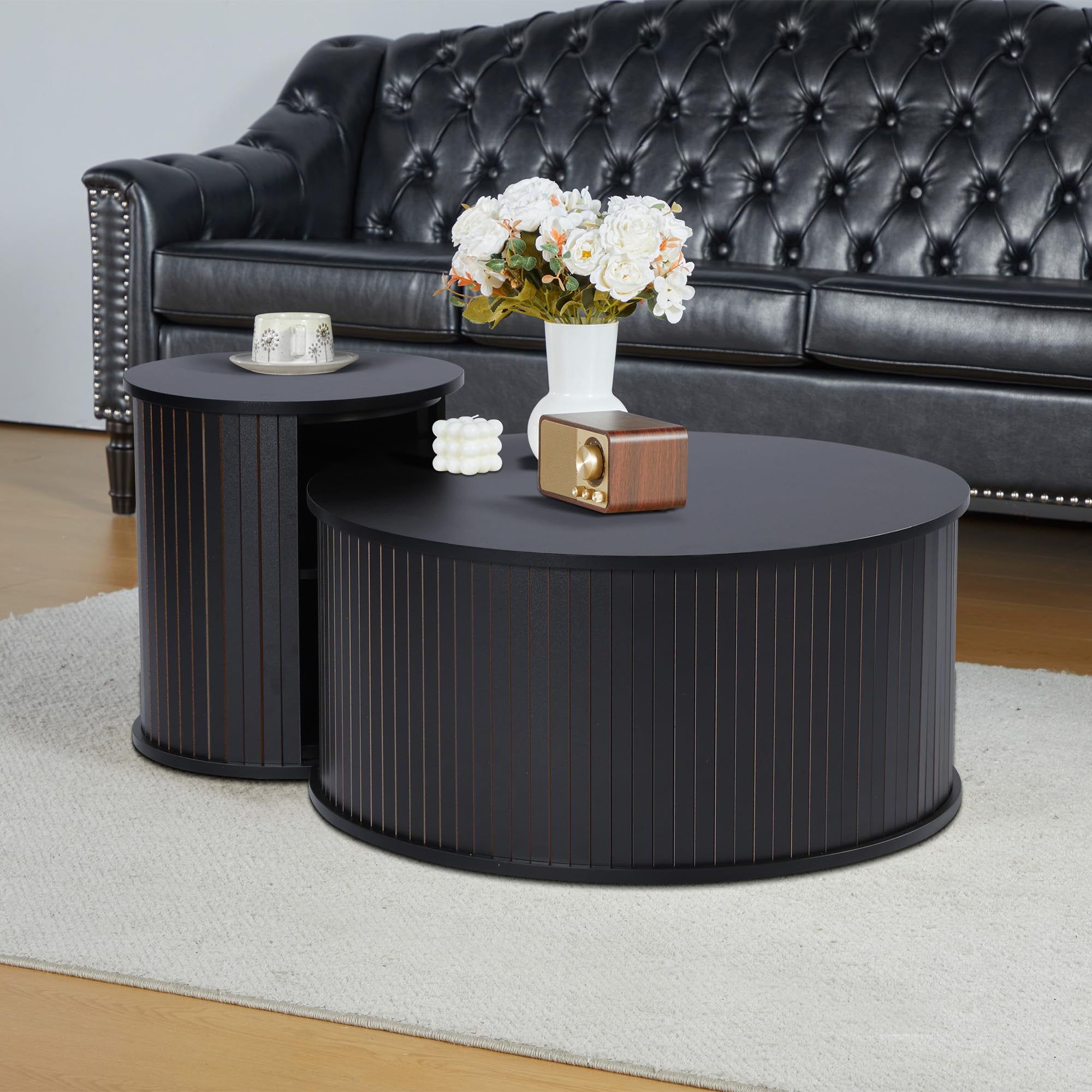 **Round Wooden Nesting Coffee Table Set of 2 - Modern Circle Side Tables for Living Room, Office & Balcony - Space-Saving Black End Tables (Perfect for Small Spaces & Home Decor)**