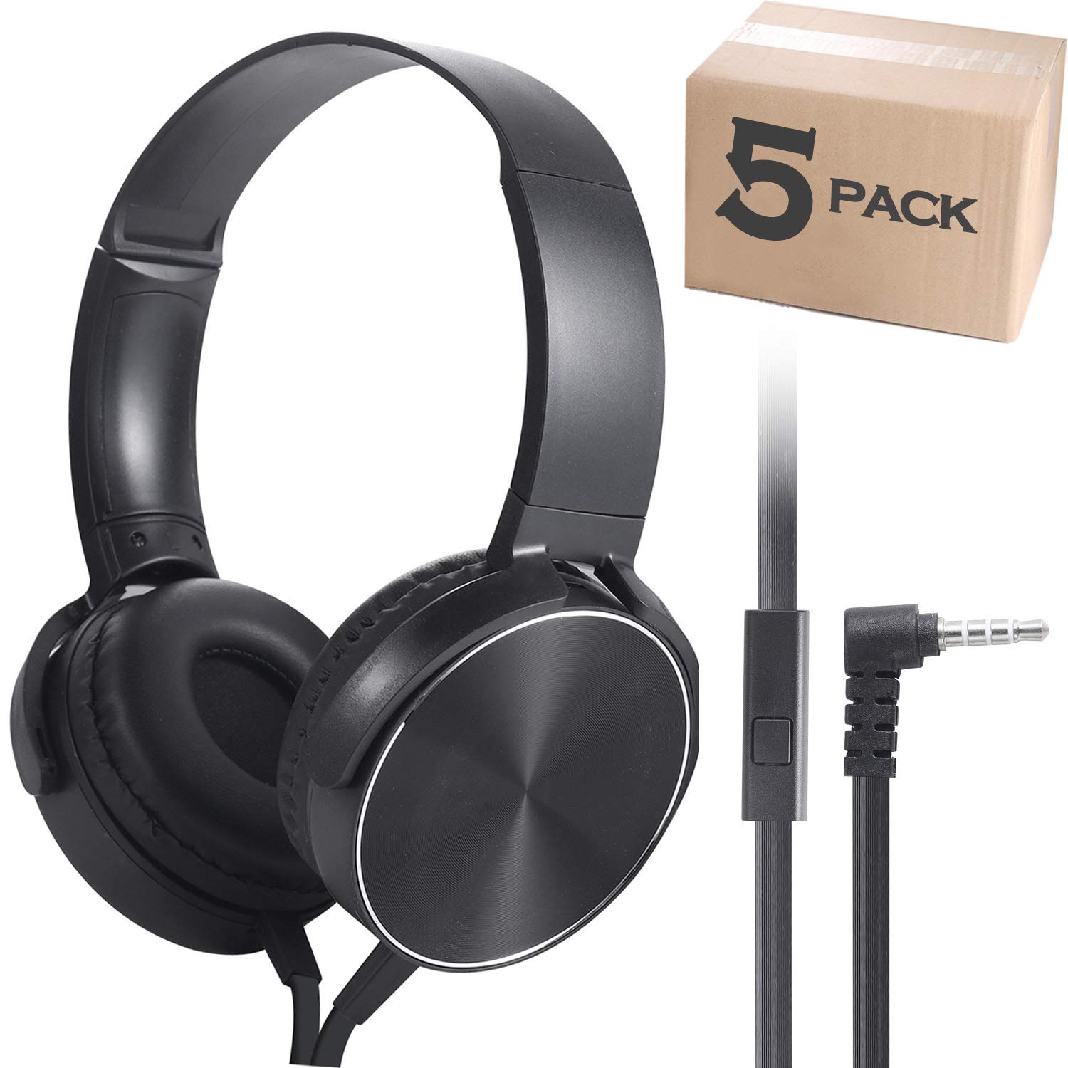 5 Pack Kids Bulk Headphones with Microphone - Stereo Sound Headset for Online Learning, School Boys & Girls - 3.5mm Audio Jack Compatible with Smartphone, Tablet, Kindle, Computer (OH450, Black) - Perfect for Virtual Classrooms, Homeschooling & Remote Learning