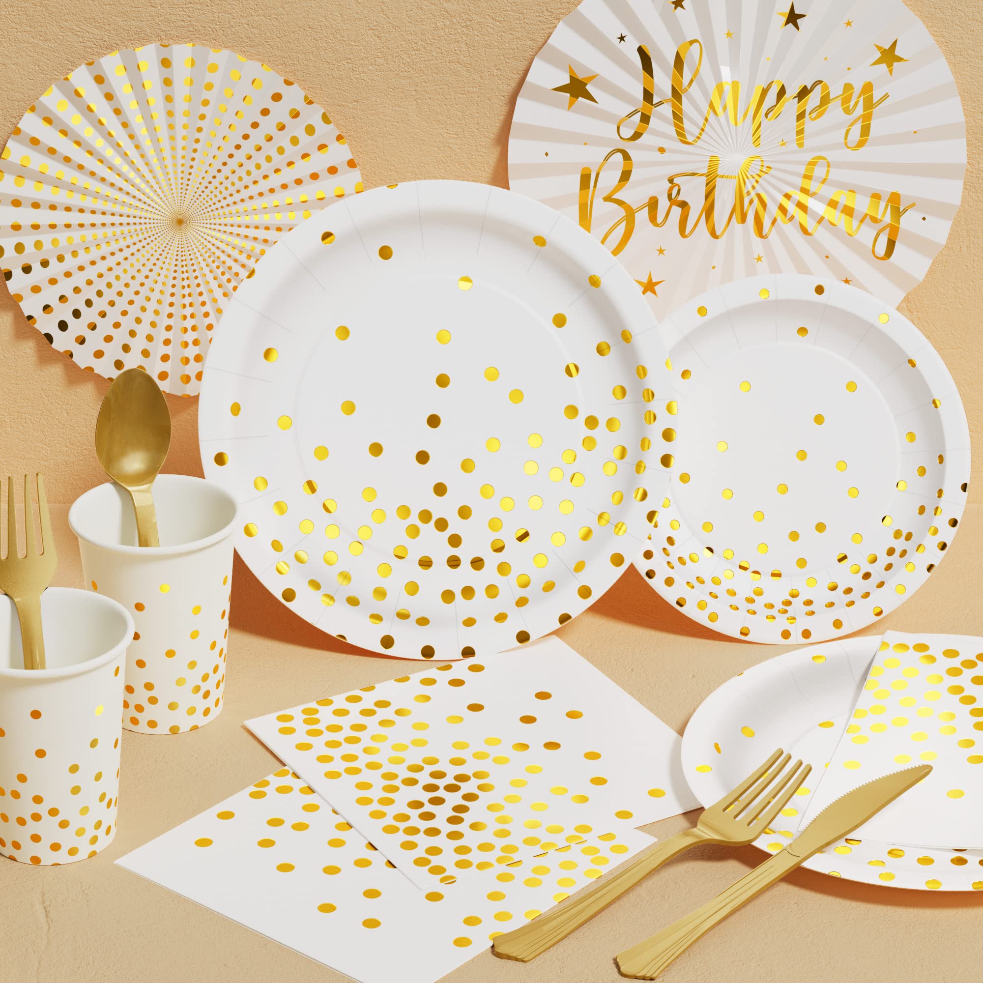 350PCS White & Gold Disposable Dinnerware Set - Paper Plates, Napkins, Cups, Plastic Forks, Knives & Spoons - Elegant Party Supplies for Birthday, Christmas, Retirement & New Year's Eve 2025 Decorations - Perfect for Women & Men's Celebrations, Dinner Parties & Special Events