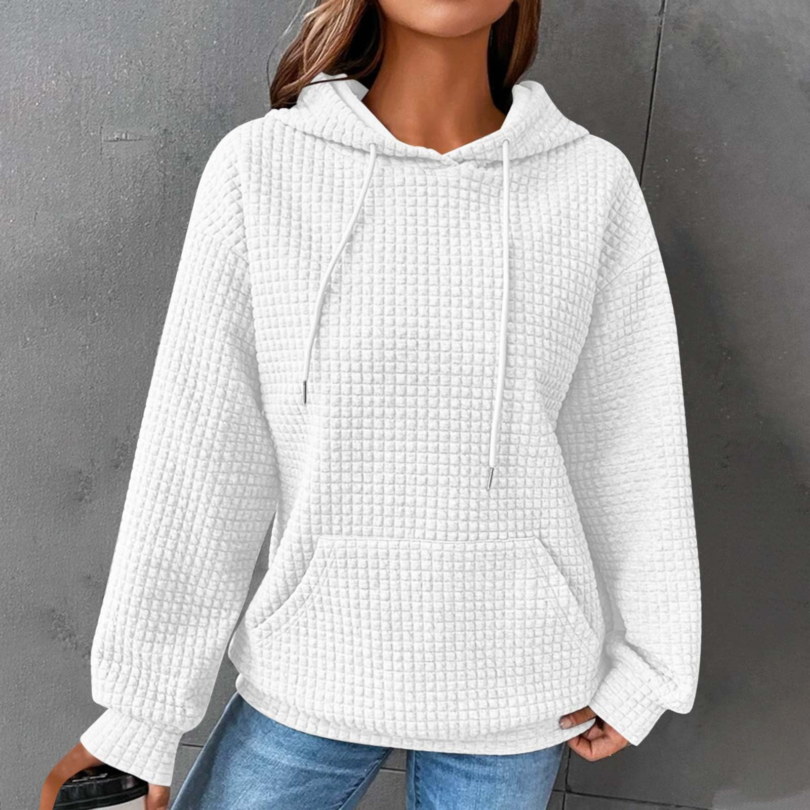 Trendy 2024 Plus Size Waffle Hoodies for Women - Y2K Oversized Drawstring Pullover Sweatshirt with Pockets | Cozy Winter Wear, Casual Street Style & Loungewear