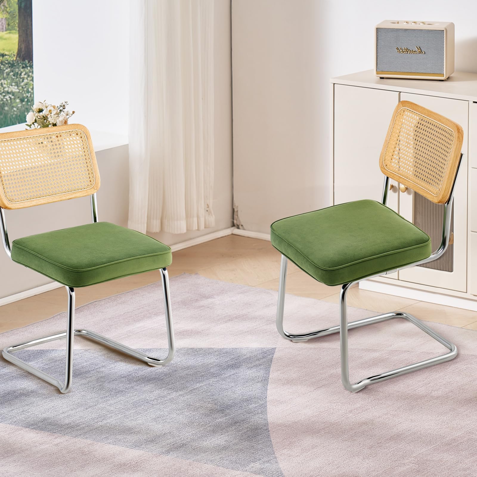 VEVOR Rattan Dining Chairs Set of 2 - Mid Century Modern Velvet Upholstered Accent Chairs with Woven Rattan Back - 18.1 Inch Retro Kitchen & Dining Room Chairs for Living Room, Bedroom, Patio - Comfortable Seating for Home Decor & Entertaining