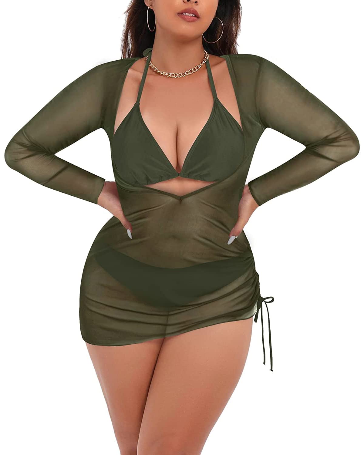Aqua Eve Plus Size 3 Piece Bikini Set - Women's Swimwear with Cover Up - Flattering Bathing Suit for Beach, Pool & Vacation