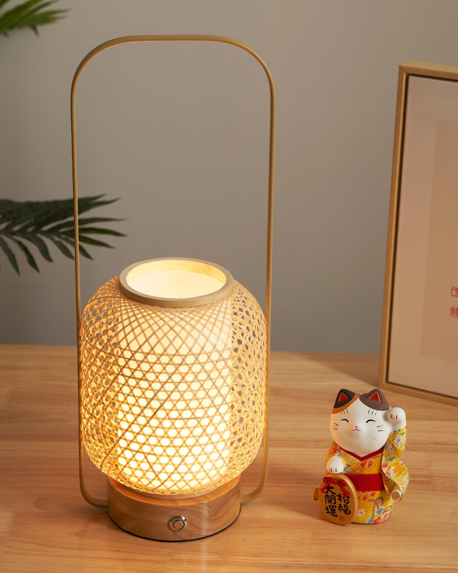 Eco-Friendly Bamboo Lantern Table Lamp - Handmade Natural Rattan Nightstand Light for Bedroom, Living Room, Patio & Outdoor Decor