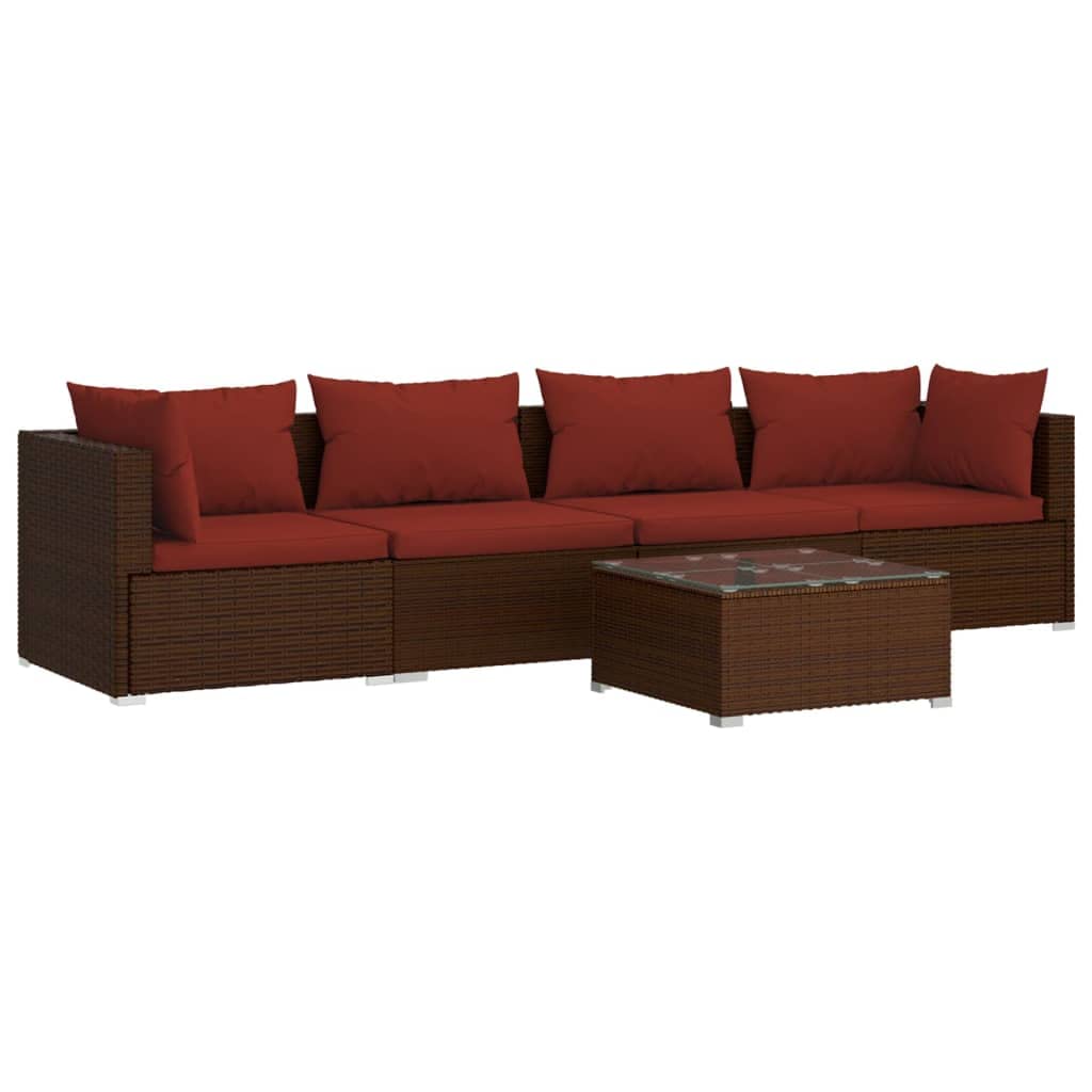vidaXL Brown Patio Furniture Set with Red Cushions - 4-Piece Outdoor Dining Set with Table for Garden, Deck, and Backyard Relaxation