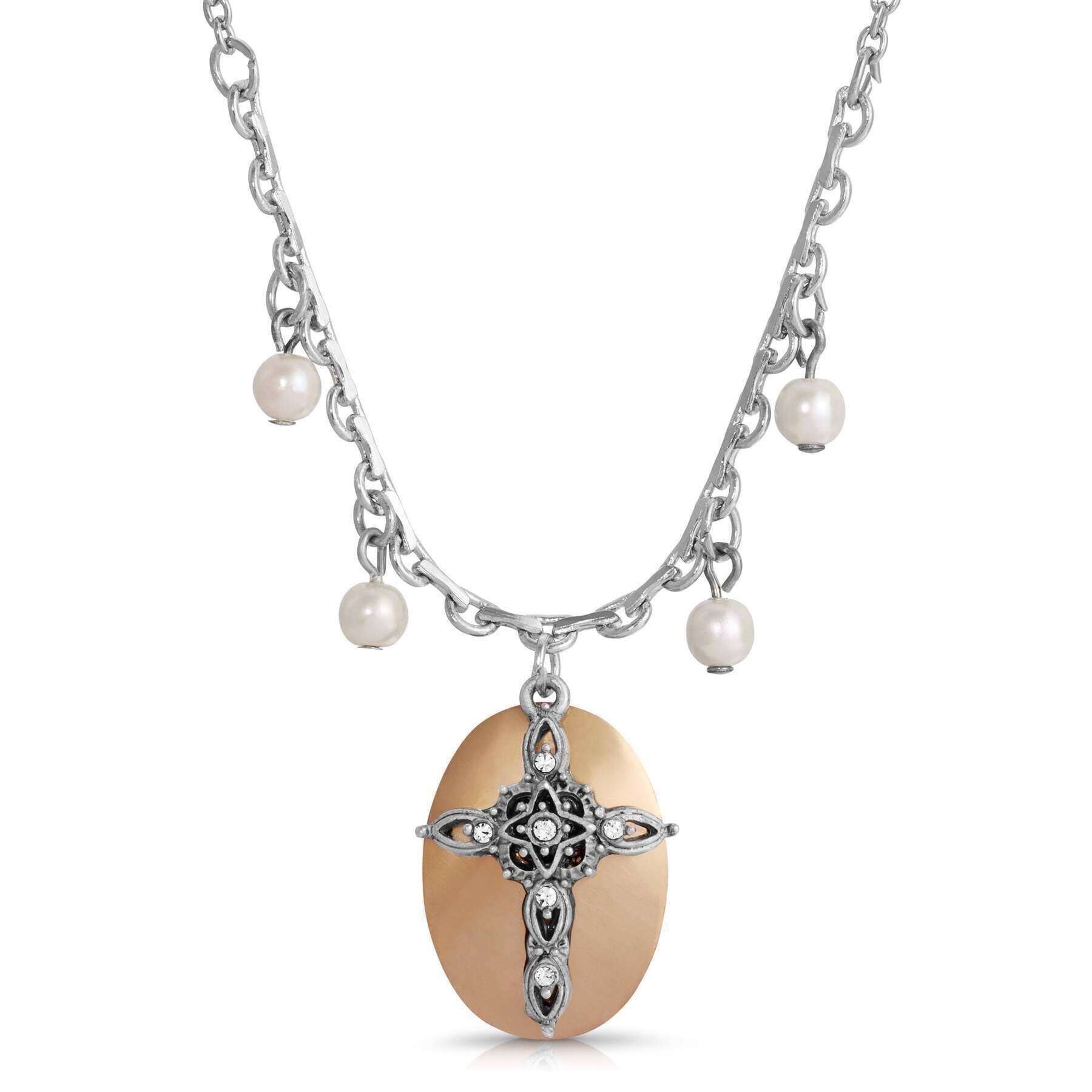1928 Faux Pearl & Crystal Cross Pendant Necklace - 16