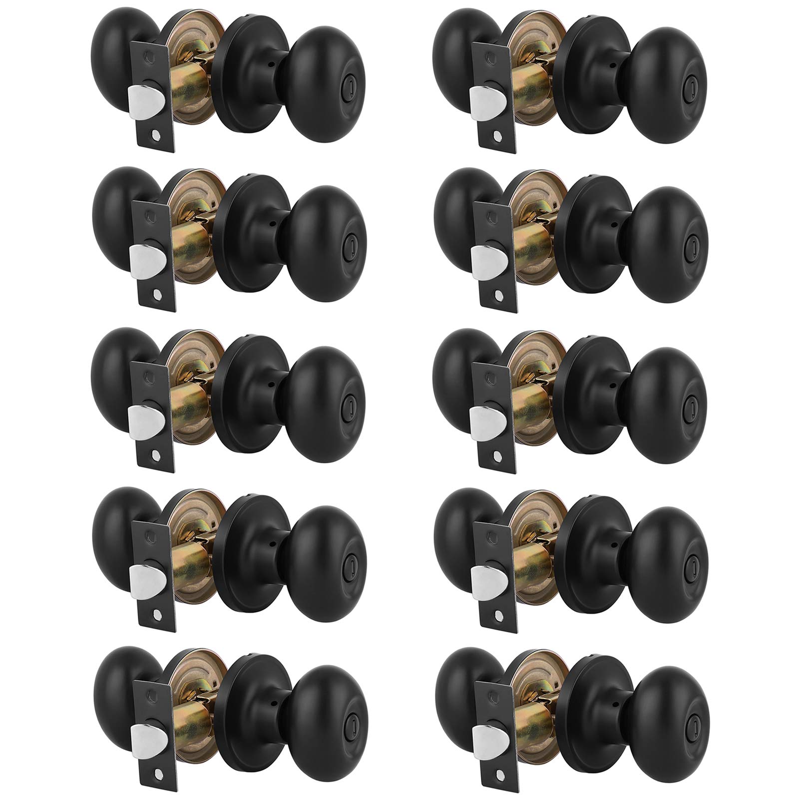Gobrico 10 Pack Black Egg Style Door Knobs with Privacy Function - Interior Door Handles for Bedroom, Bathroom & Closet (Set of 10)
