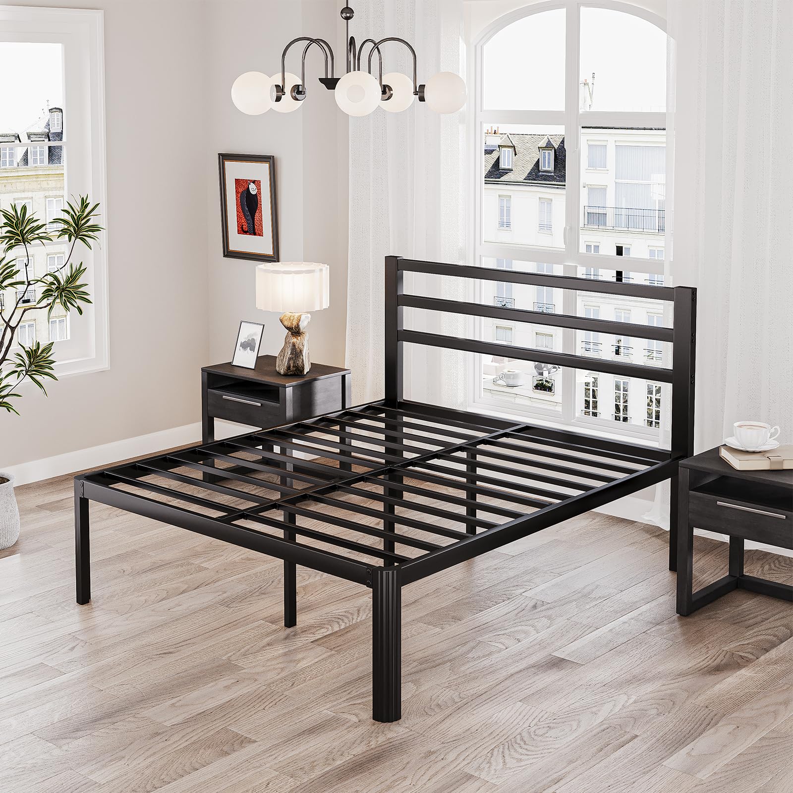 **King Size Bed Frame with Headboard - 18 Inch Heavy Duty Metal Platform Bed, No Box Spring Needed, Sturdy Mattress Foundation, Noise Free & Easy Assembly, Black - Perfect for Master Bedroom & Guest Room**