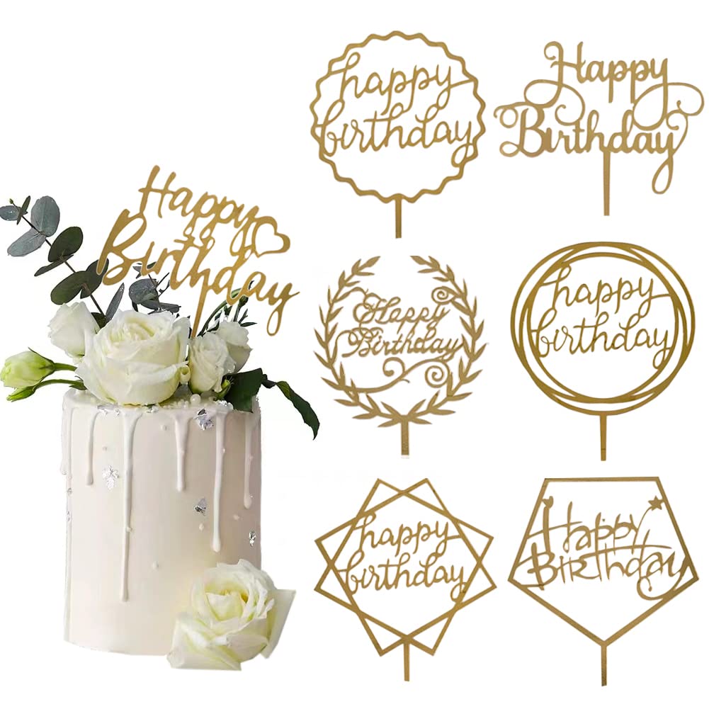 Gold Happy Birthday Cake Topper Set - 7 Piece Acrylic Cake Decorations for Cupcakes & Wedding Cakes - Elegant Party Dessert Toppers for Birthdays, Anniversaries & Special Celebrations