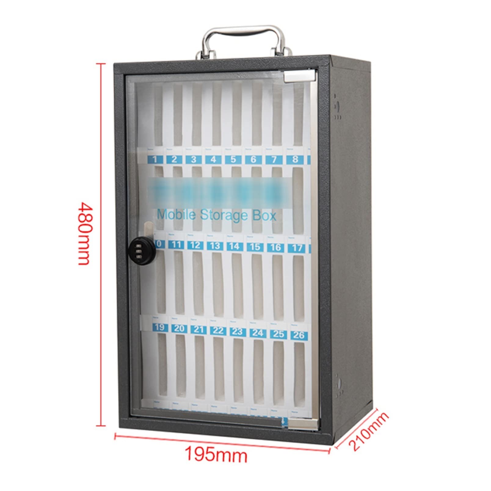 36-Slot Clear Mobile Phone Storage Box with Handle - Stainless Steel Pocket Chart & Safe Cabinet for Retail Stores (19.5