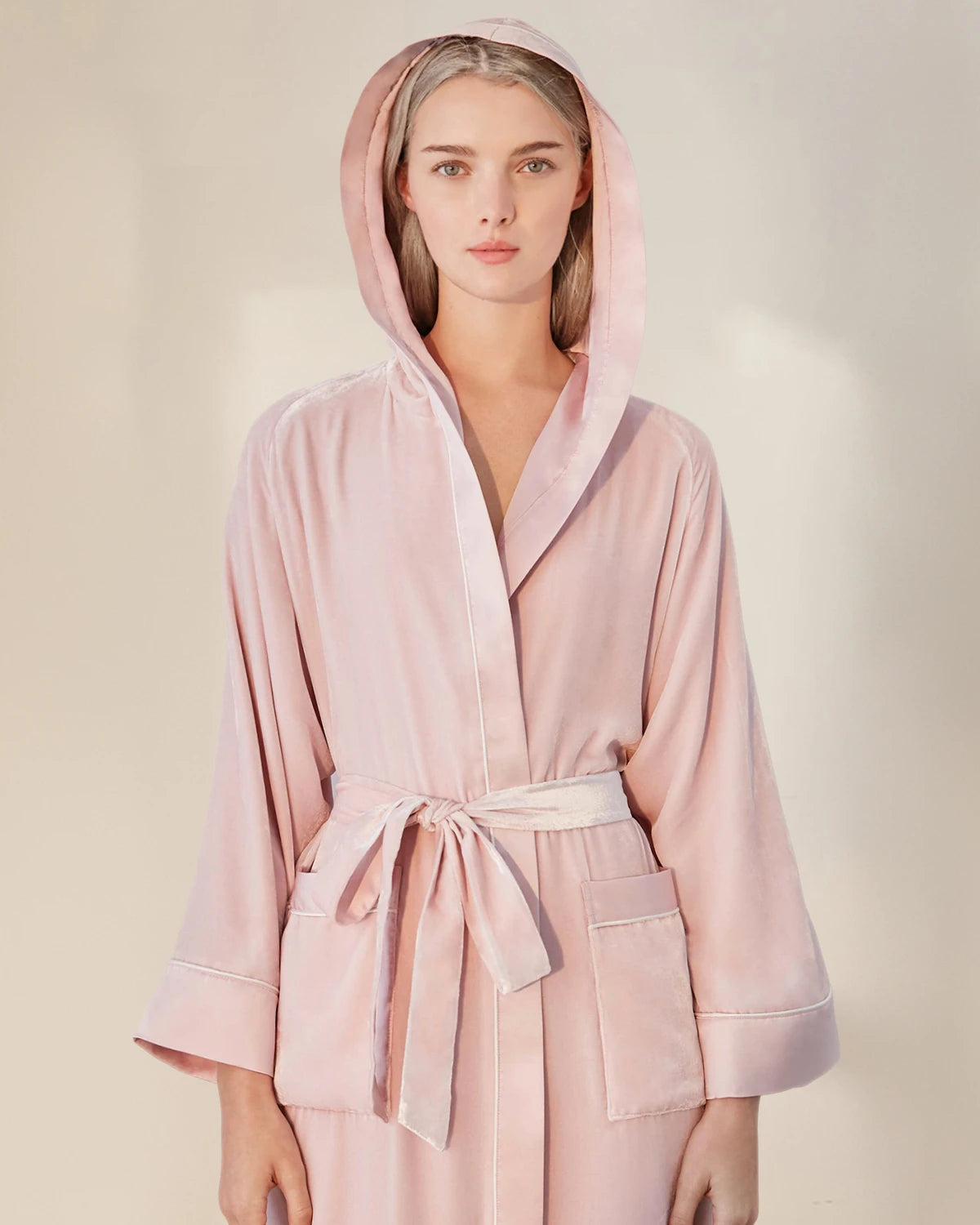 Luxury Women's Hooded Silk Velvet Robe - Soft Plush Bathrobe for Spa, Lounge & Home Relaxation