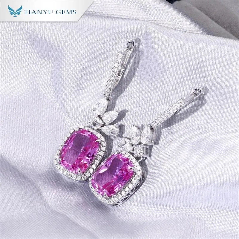 14K White Gold Cushion Cut 9x12mm Corundum Drop Earrings for Women - Elegant Moissanite Dangling Pear DE Earrings for Parties, Weddings & Special Occasions