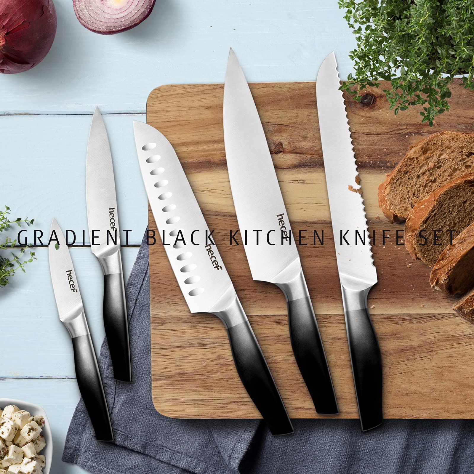 Premium 5-Piece Gradient Black Kitchen Knife Set - Satin Finish Blades, Hollow Handle, Protective Sheaths - Chef, Santoku, Bread, Utility & Paring Knives - Perfect for Home Cooking, Professional Chefs & Gift Giving