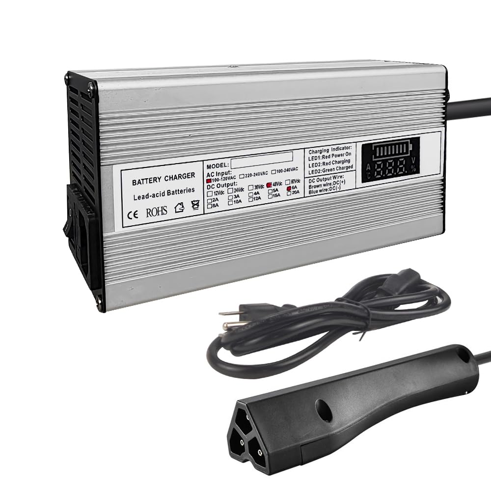 Abakoo 48V 6A Golf Cart Battery Charger for EZGO TXT & RXV - 3 Prong Plug with LED Display | Fast Charging for Golf Carts, Electric Vehicles & Outdoor Power Equipment