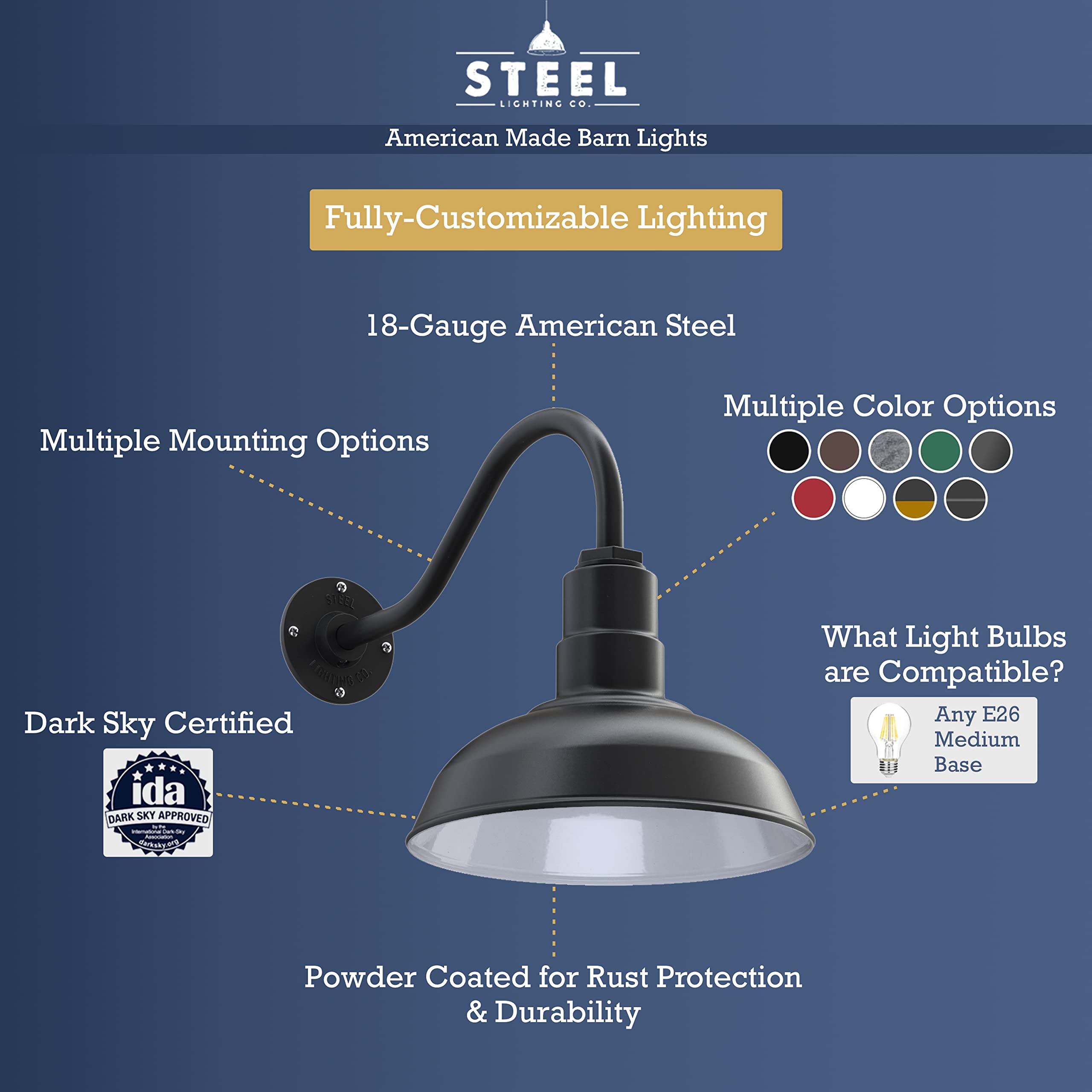Steel Lighting Co. Westchester 12-inch Outdoor Barn Light - Dusk to Dawn Sensor, Wall Mounted Gooseneck Fixture with Red Exterior & White Interior | Made in USA | Perfect for Farmhouse, Warehouse & Industrial Style Exteriors