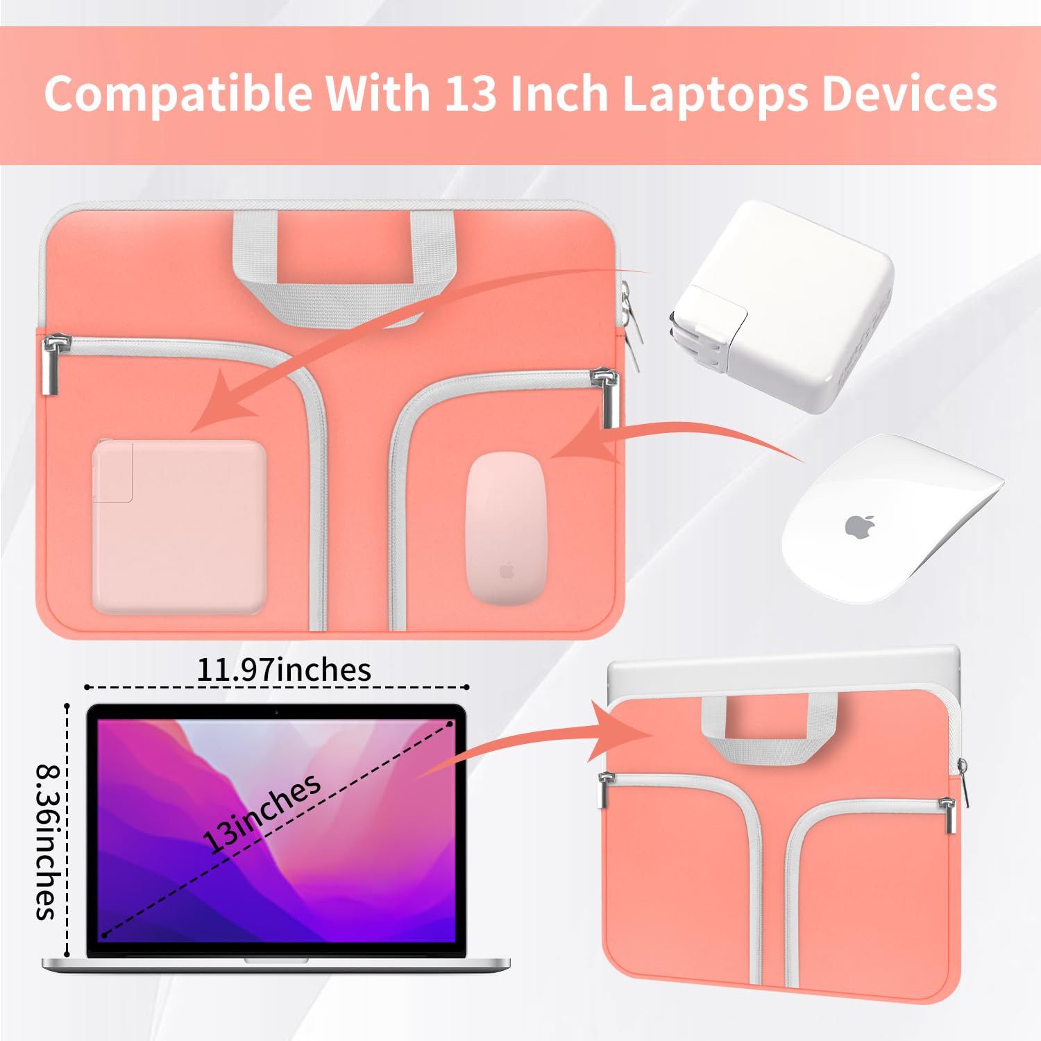 HESTECH Neoprene Laptop Sleeve Case for 11.6-12.3 Inch Chromebooks - Protective Cover with Handle for Acer R11, HP Stream, Samsung, Surface Pro X/7/6/5, MacBook Air/Pro M2 M1 - Perfect for Travel, School & Office (Orange)