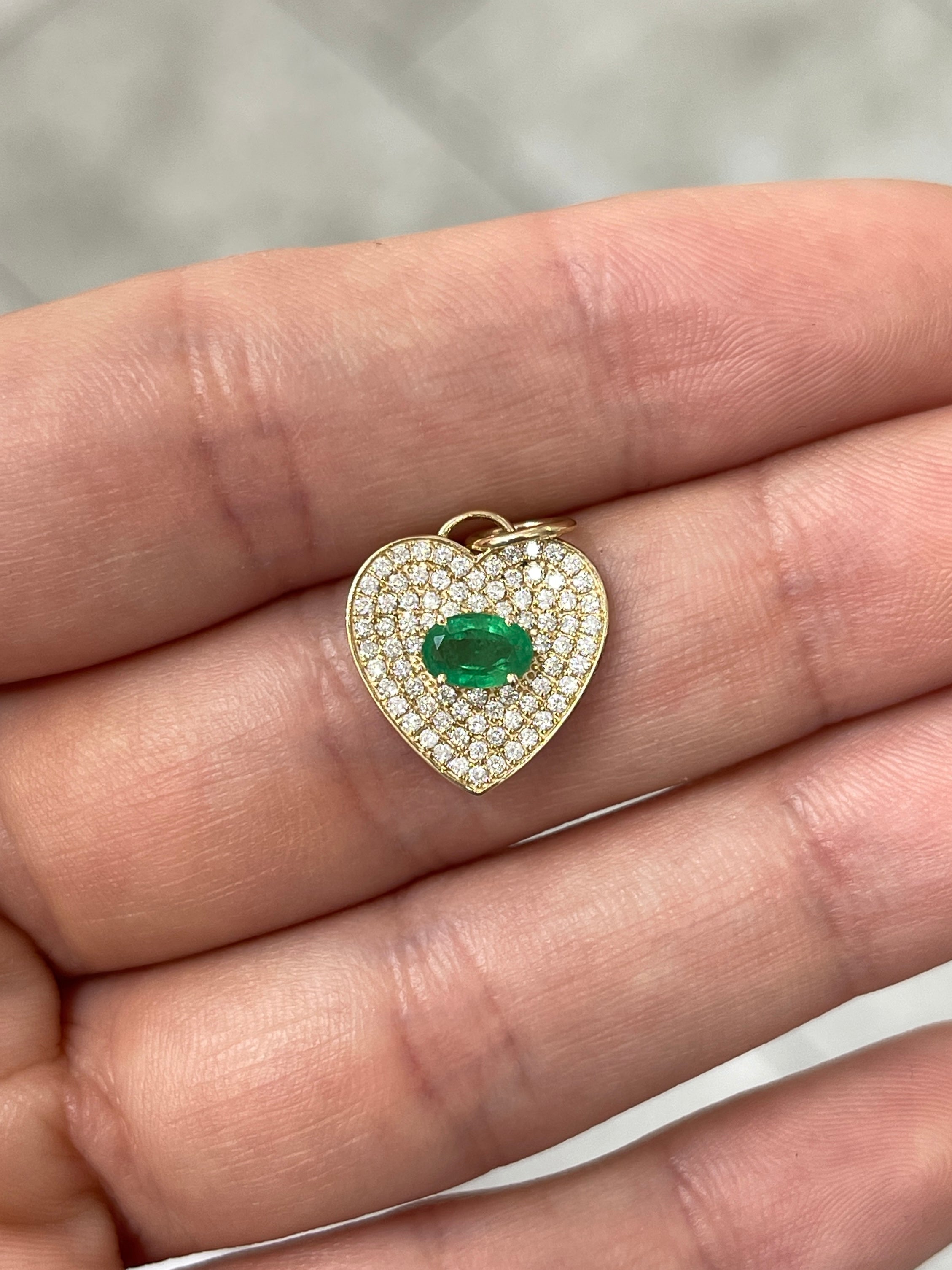 1.0tcw 14K Gold Emerald & Diamond Pave Heart Cluster Pendant Charm Necklace - Elegant Jewelry Gift for Women, Perfect for Valentine's Day, Anniversary & Special Occasions