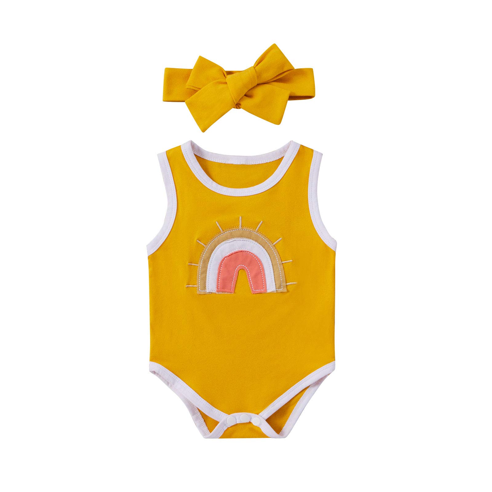 Adorable Newborn Baby Girl Rainbow Romper - Ribbed Bodysuit with Clouds & Sun Design - Sleeveless Jumpsuit for Summer | Perfect for Photoshoots, Playdates & Outdoor Adventures