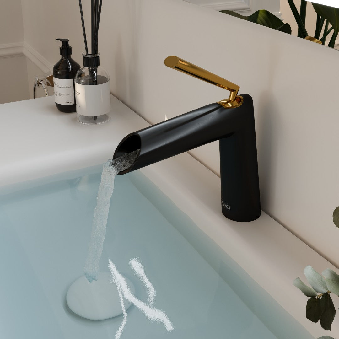 Eviva Black Single Handle Waterfall Bathroom Faucet with Gold Handle - Modern Matte Black Finish for Vanity Sink - Perfect for Contemporary Bathroom & Powder Room Decor