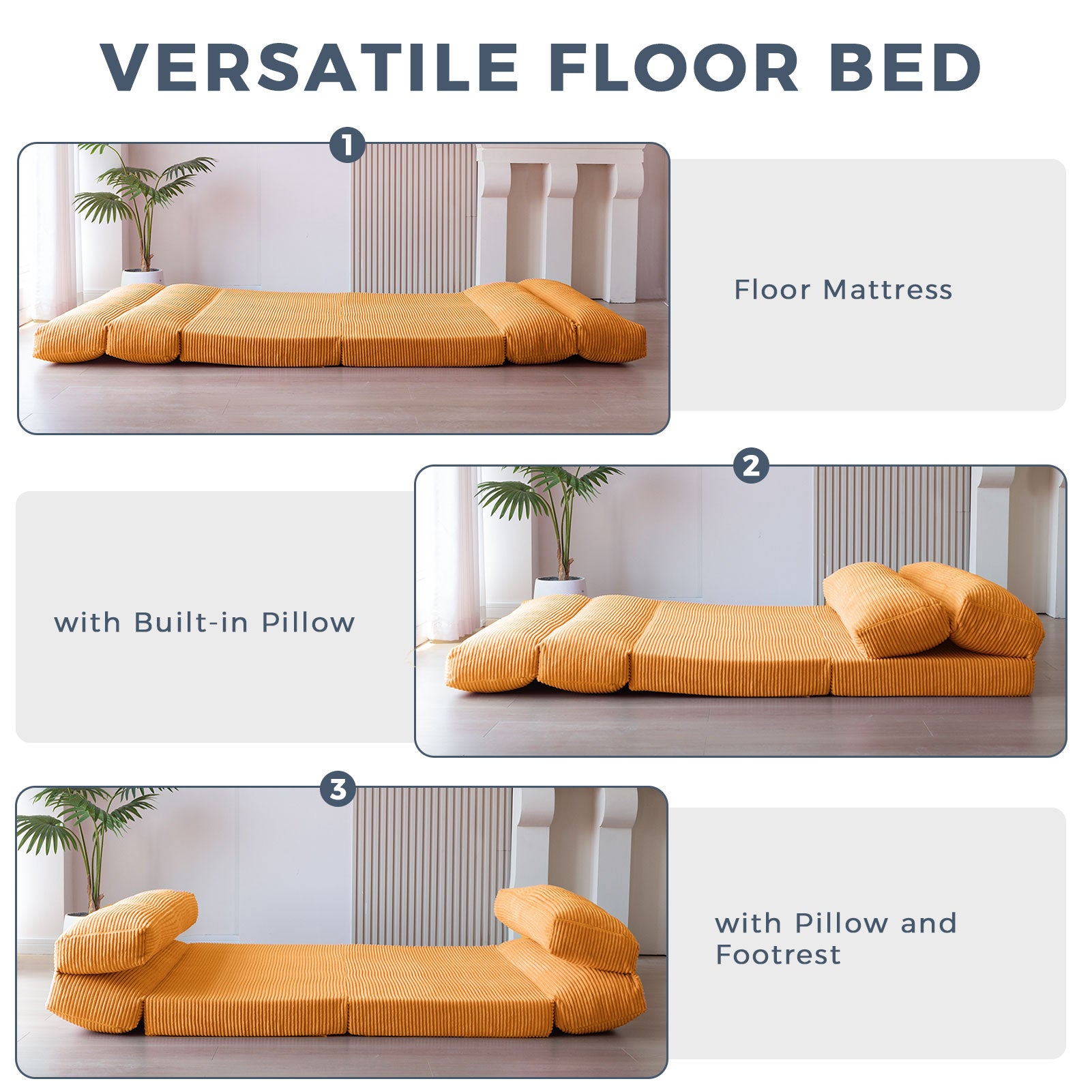 MAXYOYO Corduroy Extra Wide Foldable Bean Bag Sofa Bed - Convertible Floor Mattress for Living Room, Bedroom & Guest Room (Orange)