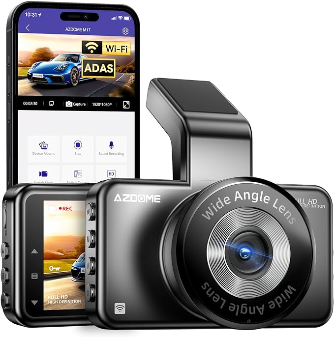 AZDOME M17 1080P WiFi Dash Camera with ADAS, 3-Inch Screen & 24H Parking Mode - Front Car Camera for Night Vision, Accident Recording, and Security Surveillance