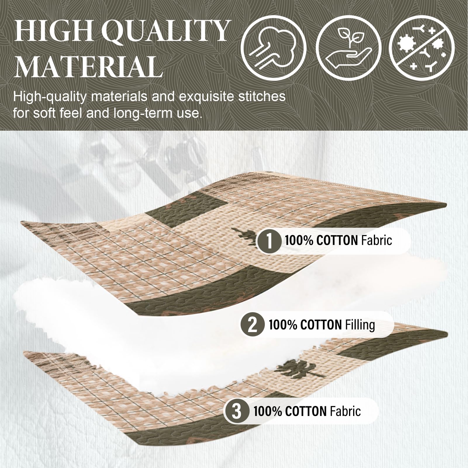 SahSahCasa 100% Cotton Queen Size Quilt Set - Reversible Farmhouse Rustic Lodge Bedspread, Lightweight Comforter for Queen Bed (3-Piece, Beige/Grayish Green/Brown) - Perfect for Cabin, Bedroom & Cozy Farmhouse Decor