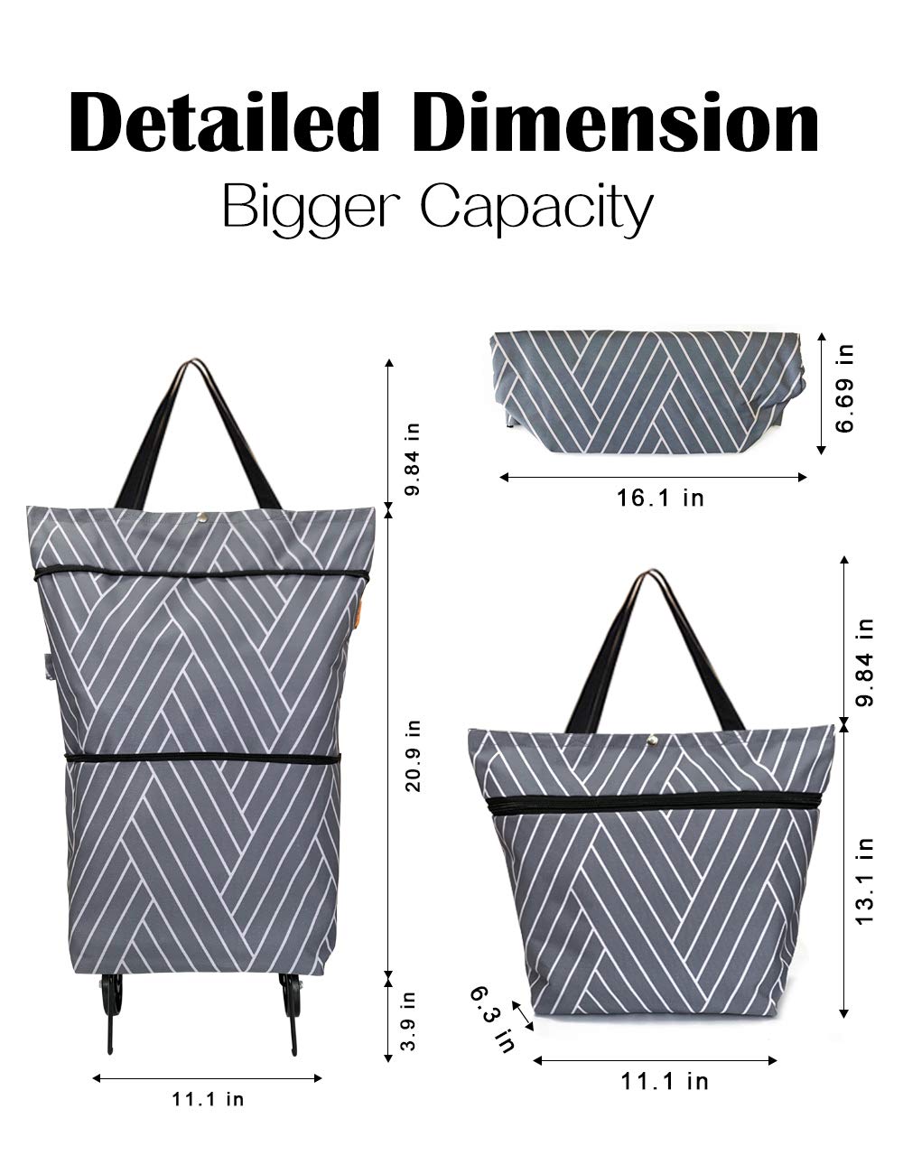 Foldable Reusable Grocery Bags with Wheels - Waterproof & Durable Shopping Tote for Supermarket, Farmers Market & Travel (Grey)