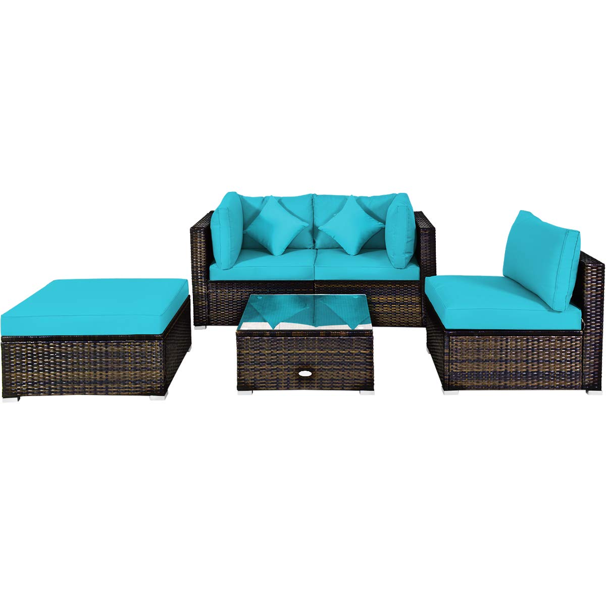 Tangkula 5-Piece Outdoor Patio Furniture Set - All-Weather Wicker Sectional Sofa with Cushions & Glass Table - Turquoise Rattan Conversation Set for Backyard, Porch, Poolside & Garden Relaxation