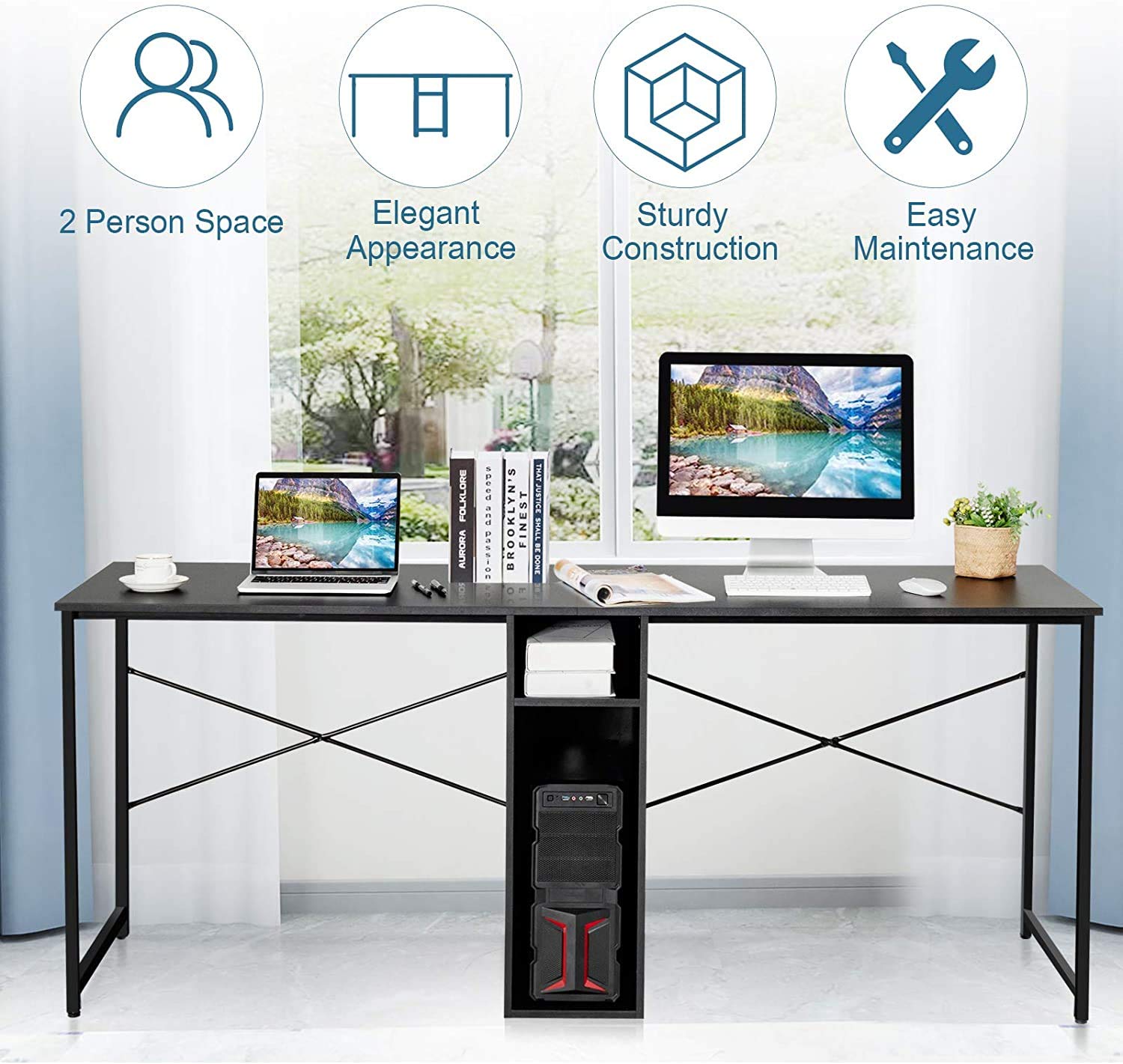 2-Person Computer Desk with Storage | Large Home Office Writing Table | Adjustable Foot Pads & Stable Gaming Workstation | Easy to Clean Black Study Desk for Home Office, Gaming & Remote Work