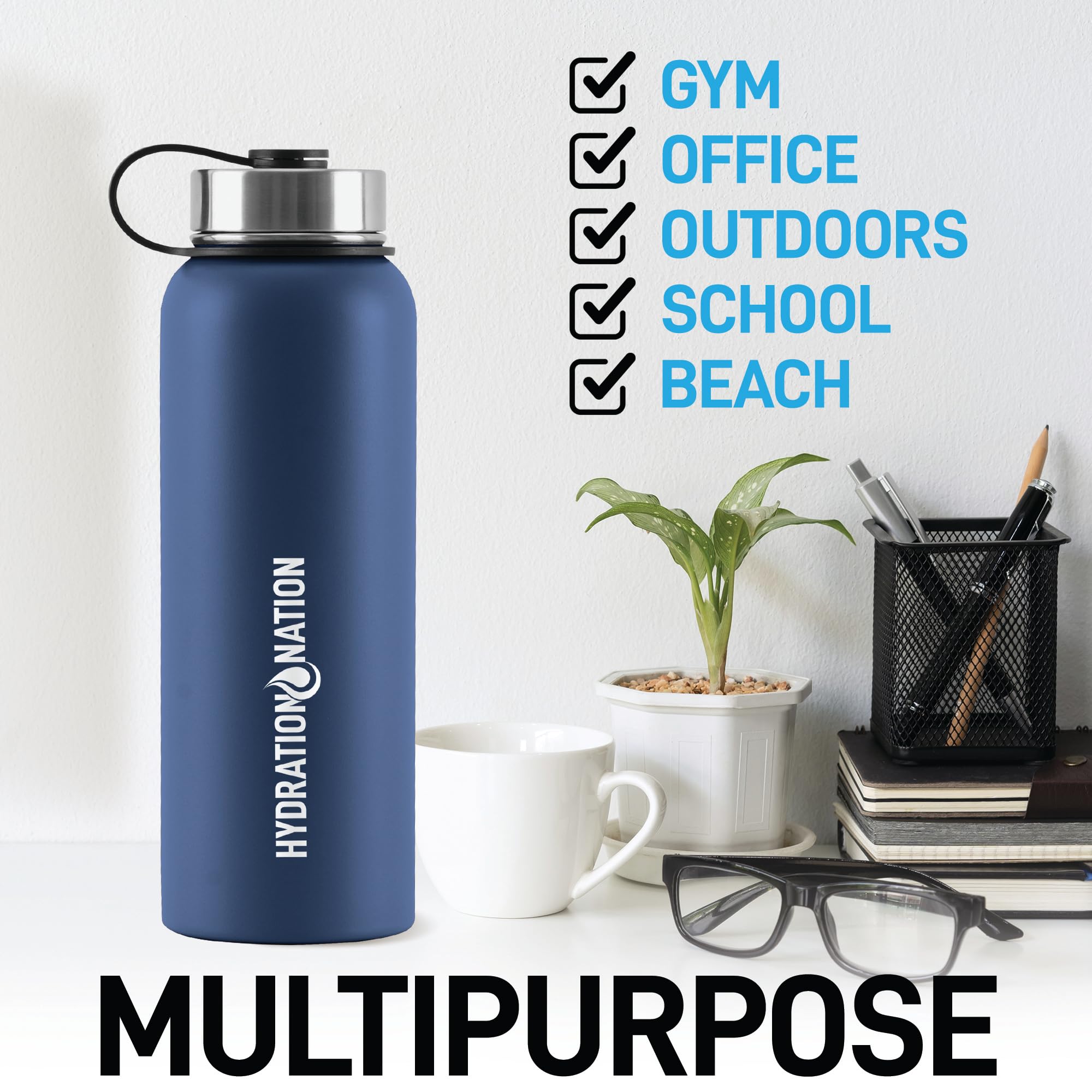 Hydration Nation 3 Lid Multi-Size Vacuum Insulated Stainless Steel Water Bottle with Straw - 24oz/32oz/40oz Leakproof Metal Water Bottle for Gym, Hiking, Travel & Outdoor Activities - Keeps Drinks Hot 12Hrs & Cold 24Hrs - Perfect for Coffee, Tea, Water & Sports Drinks (Blue)