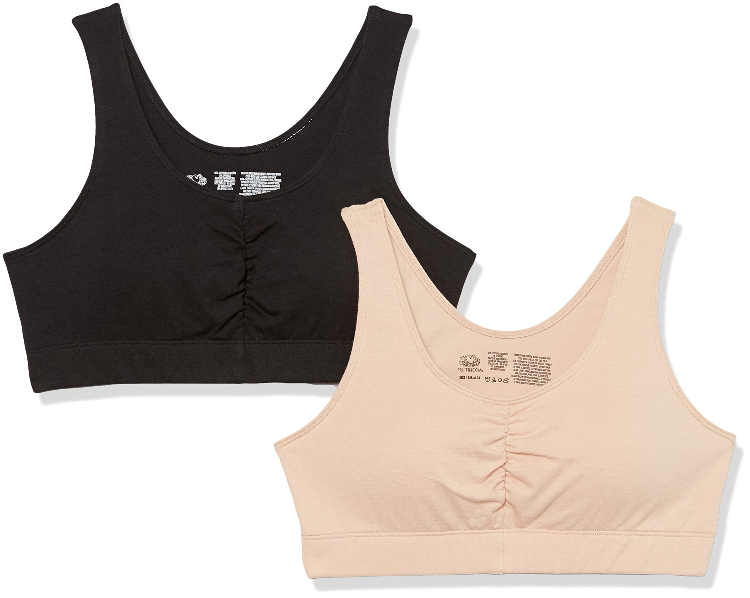 Fruit of the Loom Women's Comfortable Shirred Front Sports Bra with Removable Pads - 2 Pack for Yoga, Running & Gym Workouts