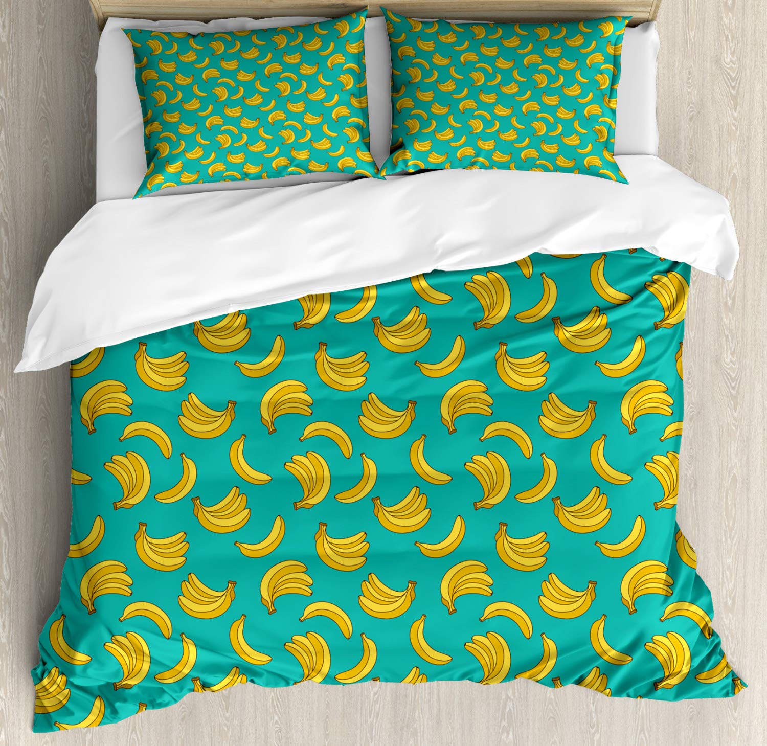 Ambesonne Tropical Banana Duvet Cover Set - King Size 2-Pack with 4 Pillowcases, Vibrant Yellow & Teal Blue Exotic Palm Leaf Design for Summer Bedroom Decor | Perfect for Beach House, Vacation Rental & Boho Chic Home Styling