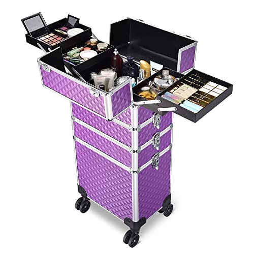 BYOOTIQUE 4-in-1 Rolling Makeup Train Case - Professional Cosmetic Organizer with Wheels, Travel Makeup Trolley for Beauty Artists & Salon Professionals (Purple) - Perfect for Mobile Makeup Artists, Bridal Stylists & Salon Storage Organization