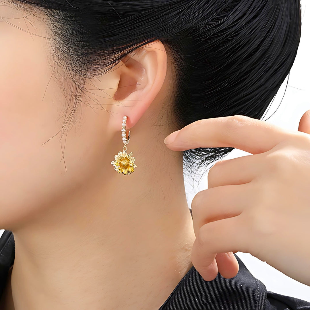 Dainty Sunflower C Hoop Pearl Dangle Earrings for Women | Elegant Floral Jewelry Gift | HE10509 | Perfect for Summer Outfits, Weddings & Boho Fashion