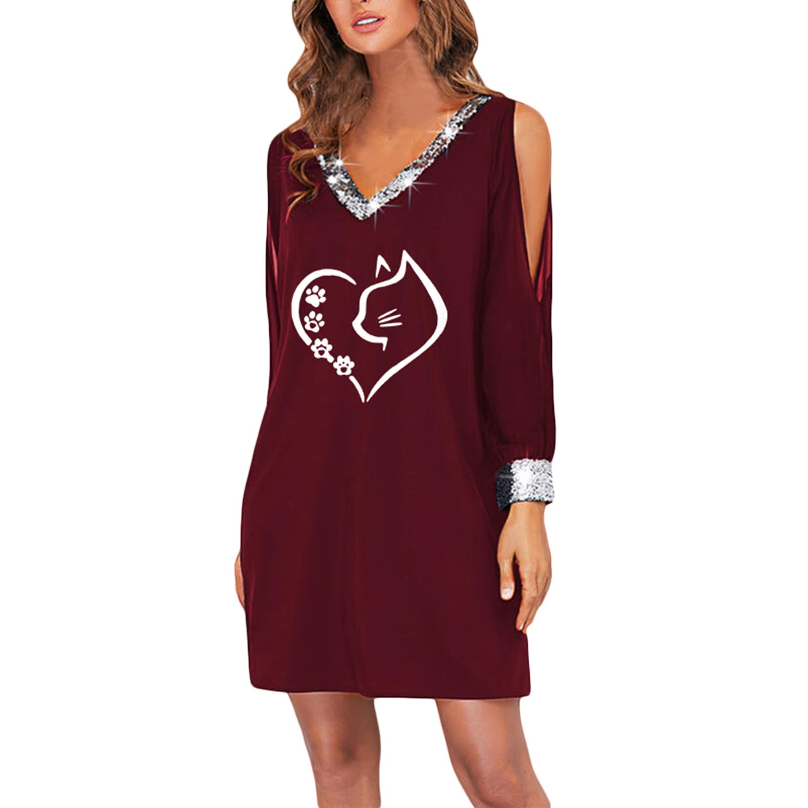 YUNDAN 2022 Women's Soft V-Neck Paillette Long Sleeve Printed T-Shirt Dress - Elegant Off Shoulder Sexy Summer Dress for Casual Wear, Party, Date Night and Beach Outings