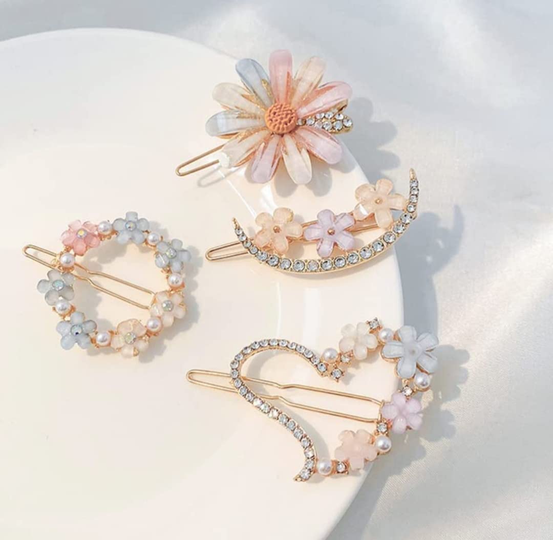 Korean Hair Clips for Women & Girls - Sparkly Rhinestone Bobby Pins, Pearl Resin Acrylic Hair Slides - Elegant Hair Accessories for Parties, Weddings & Daily Wear
