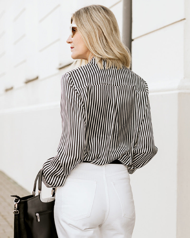 Elegant Stripe Silk Blouse for Women - Soft & Breathable Long Sleeve Shirt - Perfect for Office Wear, Date Night & Special Occasions