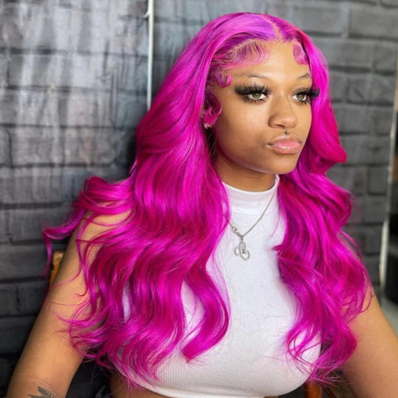 Eullair Fuchsia Pink Straight Human Hair Wig - Rose Red Body Wave Lace Frontal Wig for Women (EW001) | Perfect for Cosplay, Parties & Daily Wear