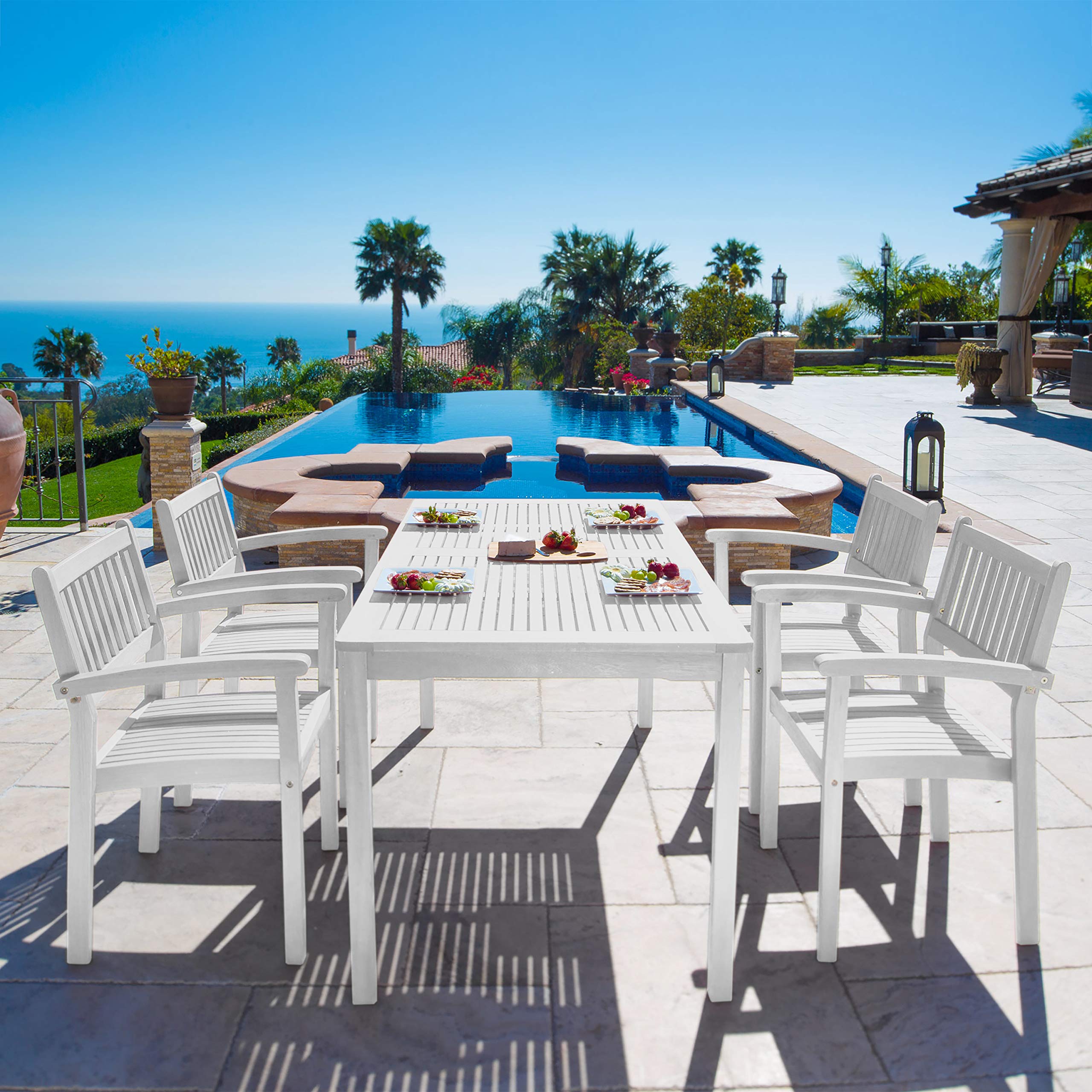 VIFAH Bradley 5-Piece Outdoor Patio Dining Set with Stacking Chairs - White Wooden Furniture for Garden, Backyard & Poolside Relaxation