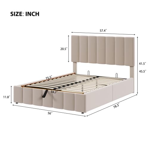 Harper & Bright Designs Full Size Platform Bed with Storage Underneath - Upholstered Bed Frame with Headboard & Hydraulic Storage System, Beige - Perfect for Small Bedrooms, Guest Rooms & Space-Saving Solutions