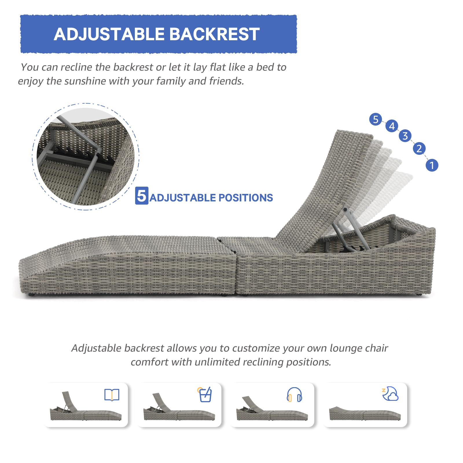 Premium Folding Outdoor Adjustable Chaise Lounge Chair with Removable Cushion - Fully Assembled PE Rattan Recliner for Patio, Pool & Beach - Gray - Perfect for Sunbathing, Relaxing & Outdoor Lounging