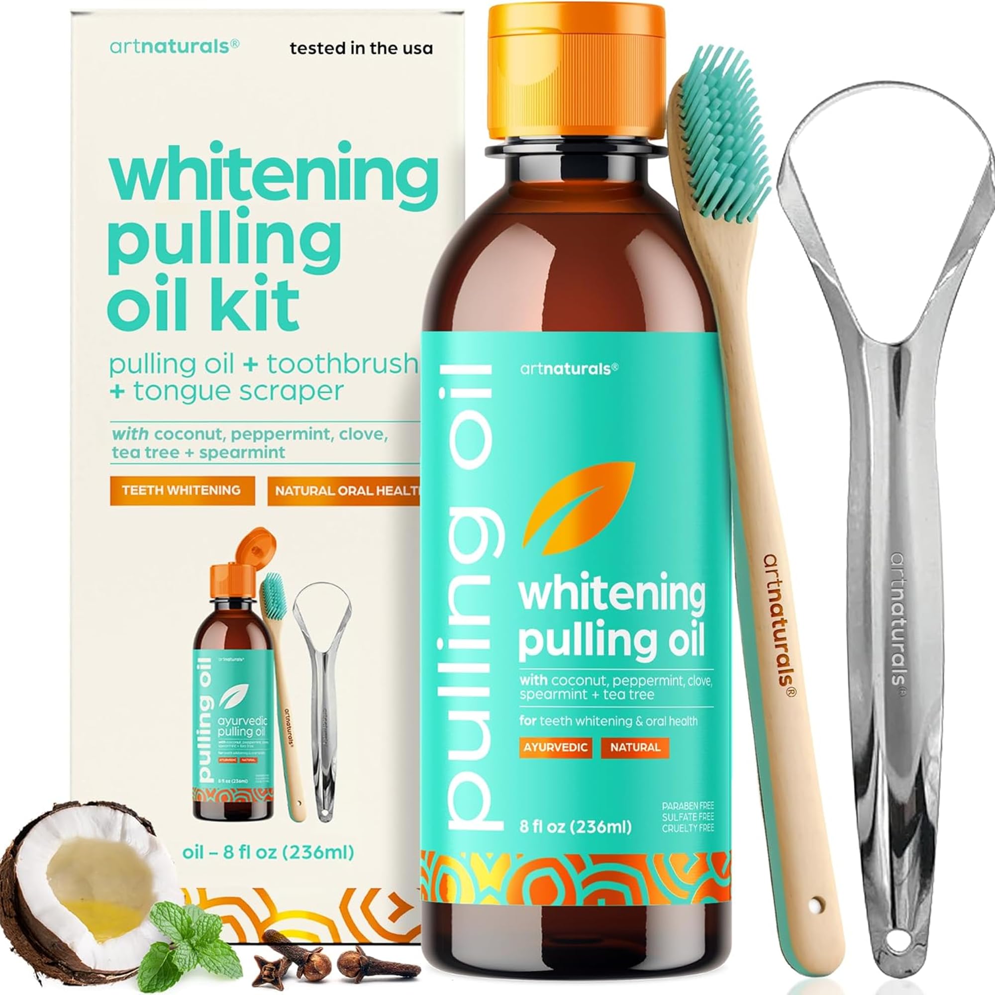 **ArtNaturals Organic Coconut Oil Pulling Kit (8oz) - Alcohol-Free Mouthwash with Magnesium & Peppermint for Teeth Whitening, Fresh Breath & Healthy Gums - Includes Tongue Scraper & Toothbrush Set - Perfect for Daily Oral Care & Natural Whitening Routine**