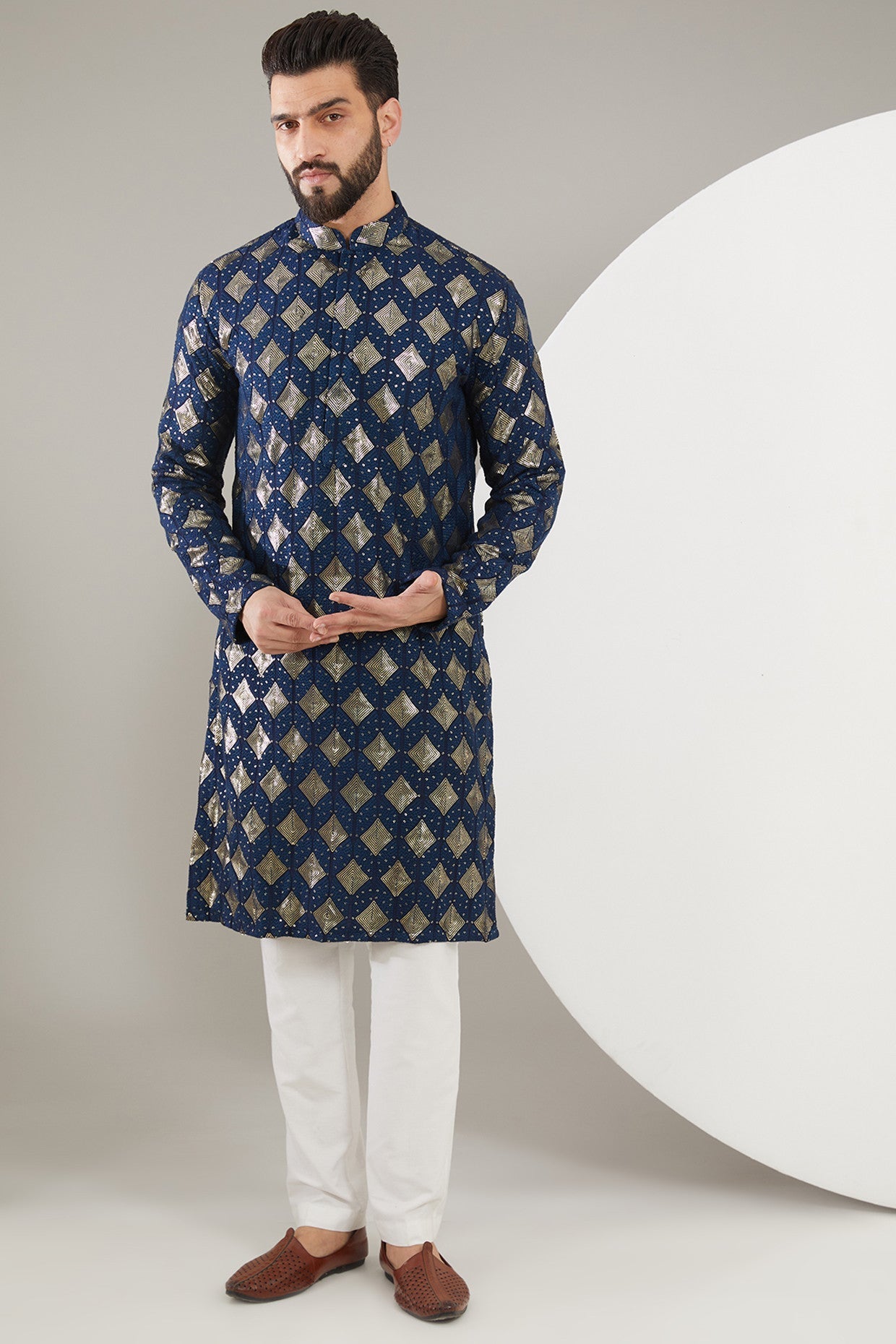 Premium Navy Blue Heavy Threadwork Kurta for Men - Traditional Embroidered Cotton Tunic - Perfect for Festivals, Weddings & Casual Wear