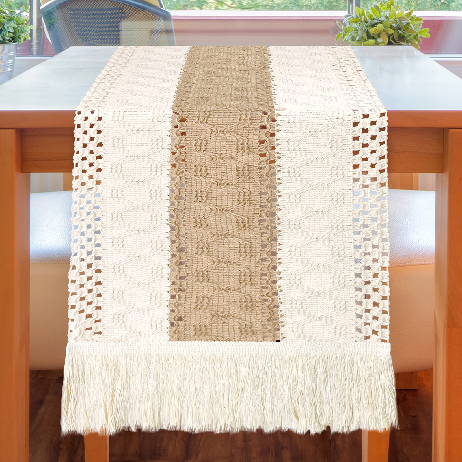 Boho Macrame Table Runner with Tassels - 12x72 Inch Natural Burlap Farmhouse Table Decor for Wedding, Dining Room, Dresser, Picnic & Boho Home Decor | Handmade Splicing Design for Rustic & Vintage Style