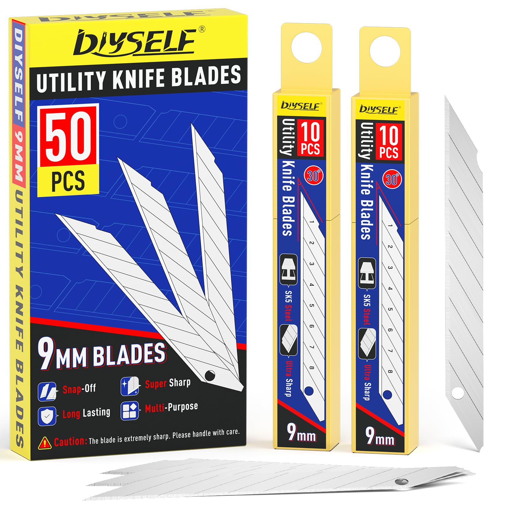 DIYSELF 50-Pack 9mm Utility Knife Blades - High Carbon Steel Snap-Off Box Cutter Blades Refills (30 Degree Angle) for Packaging, Crafting & Office Use